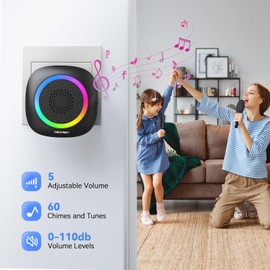 TECKNET Wireless Doorbell, Plug in Door Bells Wireless Cordless with 2 Receivers, IP66 Waterproof Wireless Door Chime Kit with RGB Light, 400M Wireless Range, 60 Chimes, 5 Volume Level (Black)