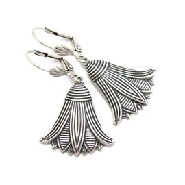 Art Deco Design Earrings Egyptian Revival Lotus Flower Antiqued Silver-tone Dangle
