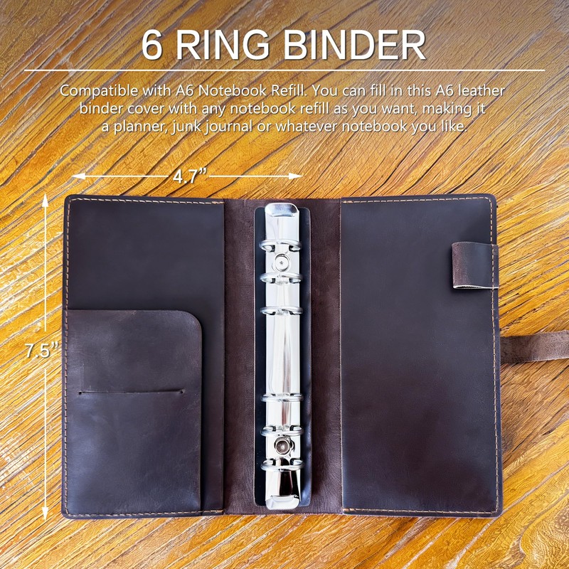 GDCELPA A6 Leather Binder Cover with Card Holder 6 Ring