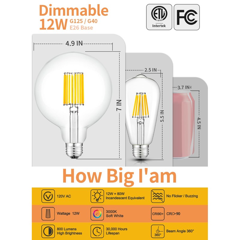 CRLight 12W Dimmable LED Large Globe Bulb 100W Equivalent 1000LM,