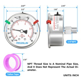 MEANLIN MEASURE -30inHG~60Psi Vacuum Pressure Gauge 316 Stainless Steel Joint 1/4" NPT 2.5" FACE DIAL, Stainless Steel Liquid Filled Pressure Gauge WOG Water Oil Air Back Mount, 2PCS Snaps