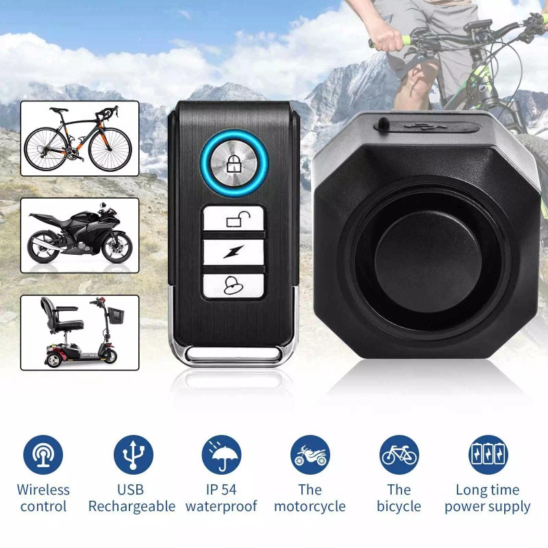 digi-office Rechargeable Bicycle Car Alarm Wireless Anti-Theft 110dB with Remote