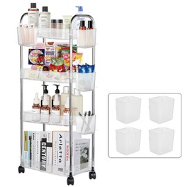 Speclux 4-Tier Clear Acrylic Rolling Storage Trolley on Wheels with Bonus Hanging Cups, Lockable Wheels & Handle - Multipurpose Utility Cart for Kitchen, Bathroom, Laundry, Craft, Book & Snack Storage