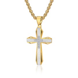 Oskani Mens Cross Necklace Stainless Steel Crucifix Cubic Zirconia Pendant with Chain Yellow Gold Jewelry
