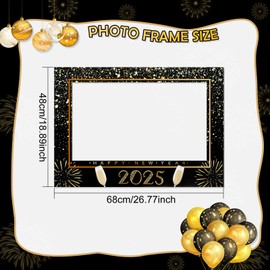 HOWAF Happy New Year Photo Booth Props With Frame, 2025 Gold Glitter Selfie Props for NYE Party Supplies, Cheers to The New Year Decoration