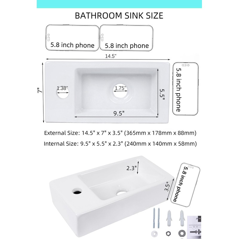 Small Wall Mounted Bathroom Sink, QISHKA 14.5" x 7" Ceramic