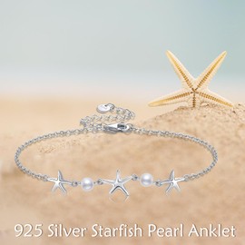 POPLYKE Heart/Anchor/Sea Turtle/Starfish/Celtic/Whale Tail/Bee Bracelet Anklet for Women 925 Sterling Silver Anklet Jewllery Double Layer Chain for Women, Sterling Silver, Pearl