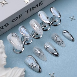 LIFOOST Silver Press On Nails Medium Almond, Gothic Fake Nails with Sun Star Moon, 10Pcs Glitter Cat Eye Jelly Gel Acrylic False Nail Kits for Sweet Spicy Women and Girl Manicure