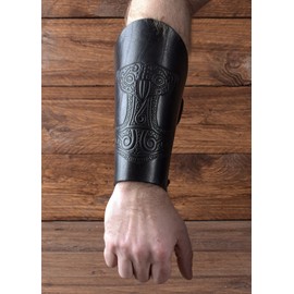 Battle-Merchant Arm Sleeves Made of Leather with Embossed Thor's Hammer, Black - Arm Protectors LARP Medieval Viking Size Pair, black