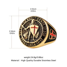 HZMAN Knights Templar Put On The Whole Armor of God Ephesians 6:13-17 Red Cross Design Men's Stainless Steel Ring