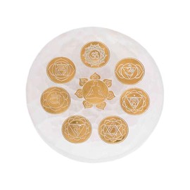 NKlaus Selenite Plate Round 10 cm with Golden Chakra Symbols & Meditating - Energy Plate for Gemstone Charging, Spiritual Decoration, Yoga & Reiki Accessories 16603