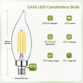 Sigalux E12 LED Candelabra Bulb 60 Watt Equivalent, Dimmable Chandelier Light Bulbs 5000K Daylight, CA10 Candle Bulbs for Chandelier, 5W, 450LM, 6 Pack