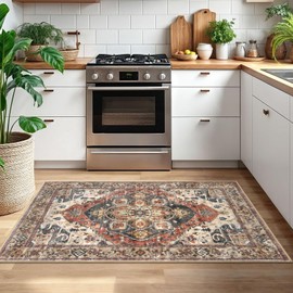 SIILOOM 3x5 Terracotta Washable Rug for Living Room, Soft Boho Rug with Non-Slip, Low-Pile Vintage Floor Area Rugs for Entryway Nursery Bedroom Dining, Dorm Carpet with Non-Shedding