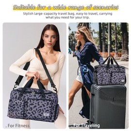 FIORETTO Womens Mens Sports Gym Bag Duffle Bag with Shoes Compartment, Weekend Travel Bag Overnight Bag for Women, Water Resistant Holdall Hospital Bag for Swimming Leopard Print