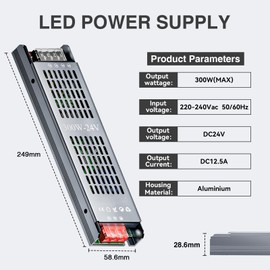 KOSOOM 300W LED Power Supply Dimmable Suitable for LED Strip DC 24V Power Supply Transformer 220-240V AC, Converted to 24V DC, Output Current 12.5A