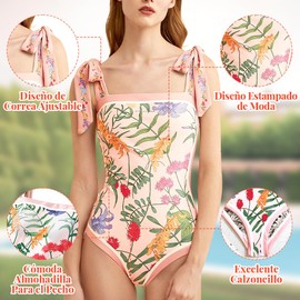 AUTOWT Trajes de Baño de Una Sola Pieza para Mujer - Traje de Baño Reversible con Lazo Floral en los Hombros, Bañador con Cuello Cuadrado y Control de Abdomen para Playa, Surf y Natación