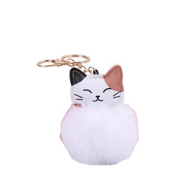 OWL Pom Pom Keychain Fluffy Cute Owl Keychain Faux Animal Fur Pom Pom Keychain for Bag Decor cat (CAT WHITE)