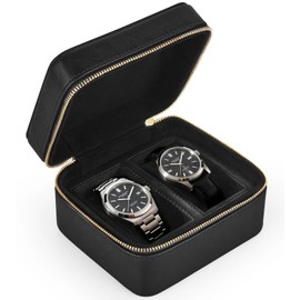 Mkono Watch Cases for Men 2 Slots PU Leather Portable Watch Travel Case with Removable Pillows Fits for Most Sizes Wristwatches Zippered Watch Storage for Gift, Home, Travel and Display