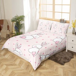 Cute Rabbit Comforter Cover Set Cartoon Bunny Duvet Cover for Kids Boys Girls Lovely Little Dots Rabbit Decor Bedding Set Girly Pink Bedspread Cover Bedroom Collection 3Pcs Full Size