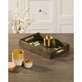 Frangipani Rectangle Wooden Serving Tray, Large 14'' x 9'' x 2.25'', Brown | Rustic Wood Tray with Handles, Food Safe, Breakfast, Coffee Table, Decorative, Ottoman Tray