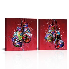 Visual Art Decor Boxing Gloves Graffiti Painting Boys Room Decor Framed Ready to Hang 12"x12" x 2Pieces