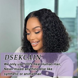DSEKCAIN Deep Wave Bob Wig Human Hair Transparent HD 13x4 Lace Frontal Free/Middle/Side Part 200 Density 100% Real Human Hair Short Deep Curly Bob Wigs for Women 1B Black Color 14 Inch