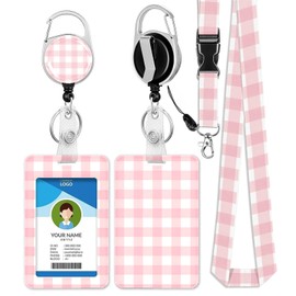 ID Badge Holder with Lanyard and Retractable Clip Cute Breakaway Lanyard for Name Badge Holder for Teacher Nurse Doctor School Student Office Gift, Girly Pink Checkered