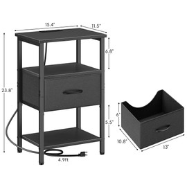 Vagusicc Night Stand, Nightstand with Charging Station, Bed Side Table with Drawer, 3-Tier End Table with Storage Shelf for Living Room, Tall Bedside Table, Black Small Night Stand for Bedroom, Black