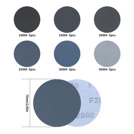 30 x Sanding Discs 75 mm Velcro, Round Sandpaper 75 mm Velcro Sanding Sheets, Wet Dry Sanding Pads for Random Orbital Sander, Sandpaper, Grit 1000 1500 2000 2500 3000 5000
