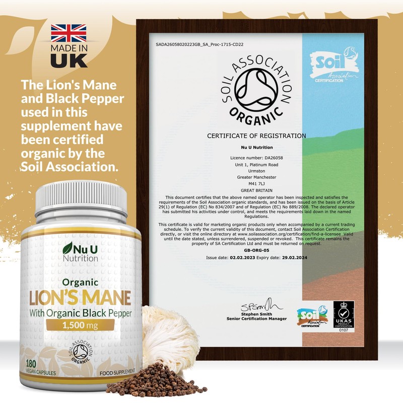 Organic Lions Mane Supplement 1500mg - 180 Vegan Capsules -