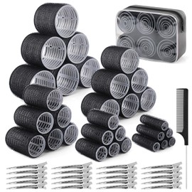 BELICOO 52PCS Hair Rollers with Clips, 5 Sizes(60/48/36/25/15mm) Velcro Rollers for Hair, with 20 Metal Clips, Hair-friendly Rollers for Hair Volume, Perfect for Long Medium Short Thick Hair (Black)
