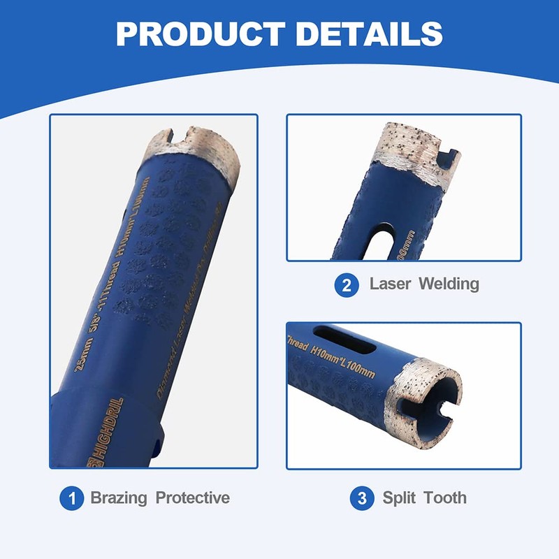HIGHDRIL Diamond Core Drill Bit,Diameter 1inch/25mm with 5/8-11 Thread,Dry Hole