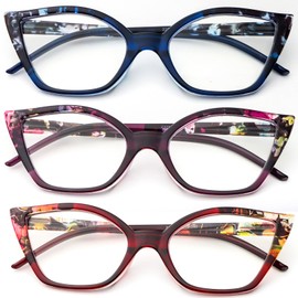 DXYXYO Floral Cat Eye Reading Glasses 1.5 Women, 3 Pack Anti Blue Light Computer Readers Stylish Retro with Spring Hinge, Blue+Red+Purple