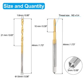 sourcing map Tap and Drill Bit Set, 1pcs M2 x 0.4 Straight Flute Thread Screw Tap & 1pcs 1.6mm Twist Drill Bit, Titanium Coated HSS-6542 Tapping Threading Tool Kit