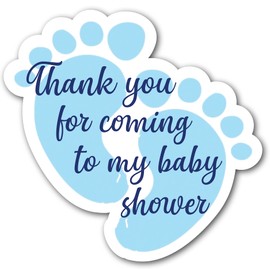 PartiKraft 48 x Baby Blue Footprint Shaped Stickers - Thank You for Coming to My Baby Shower