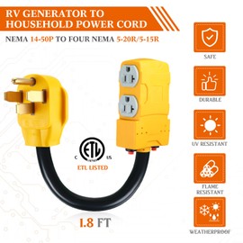 Kanayu 1.8 FT 50 Amp to 20 Amp 110V RV Distribution Adapter Compatible with NEMA 14-50P to 4X 5-20R/ 5-15R 4 Prong RV Generator Dryer Wall Socket to Four Household Outlet with 20amp Circuit Breaker