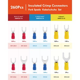 Gorffy Fork Cable Lugs, Ring Terminals, 260 Pieces Cable Lugs, 0.5-6.0 mm² Crimp Connectors, Cable Lugs Set, Insulated Electrical Crimp Connectors