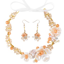 CustomyLife Flower Hairpiece & Pearl Earring for Bride, Non-Slip Sparkly Rhinestone Headband, Adjustable Floral Hair Tiara Accessories for Wedding Birthday Party Ceremony-Beige