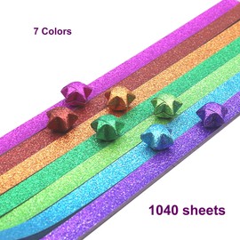 1040 Sheets Origami Star Paper Glitter Stars 7 Colors of Cute Strips Lucky Star Decoration Folding Paper for DIY Hand Art Crafts, School Teaching Supplies (7color- 1040 sheets)