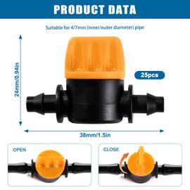 VooGenzek Drip Irrigation Hose Coupling Valve, Irrigation Tap Shut-off Valve Connections, Irrigation Barb Control Valve, 4/7 Barb Valve, Mini Valve for 4/7 mm Hose, Pack of 25