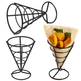 Jicyor Stainless Steel Chip Stand, Pack of 3 Cone Shape French Fries Holder Stand, Durable Black Chip Stand for Families, Restaurants, Cafés, Bars, Snack Bars, Weddings, Parties