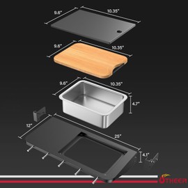 Upgraded Folding Front Shelf Accessories for Traeger Pro 22, Pro 575, Ironwood 650, BAC362, All-in-One Grill Table with Works Cutting Board,Basin,5 Hooks, Steel Grill Accessory for Food Prep & Storage