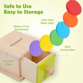 Adena Montessori Adena Montessori Coin Box,Object Permanence Box Toys for 1 Year Old Baby Coins,Wooden Montessori Ball Drop Toys Developmental Toys for 6-12 Month Infant Toys,Learning Kids Gifts(Yellow-Green Door)