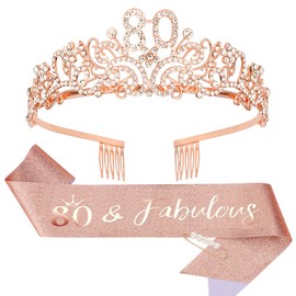 Norbiariz 80th Birthday Crown and Sash Set for Women, Rose Gold 80th Birthday Party Decorations Gifts Crystal Birthday Tiara