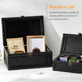2PCS Rattan Boxes with Lid Decorative Natural Handmade Boho Baskets Woven Wicker Cane Bin Keepsake Memory Jewelry Rectangular Desk Shelf Closet Organizer Container (Black, 1 Large 1 Small)