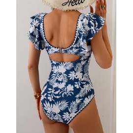 Aidonger Women's One Piece Ruffle Swimsuit Tummy Control Bathing Suit V Neck Shell Stitched Swim Suit Slimming Swimwear