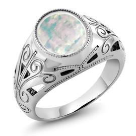 Gem Stone King Men's 4.00 Cttw White Simulated Opal Ring For Men | 925 Sterling Silver | Oval 12X10MM | Available 7,8,9,10,11,12,13 (Size 9)