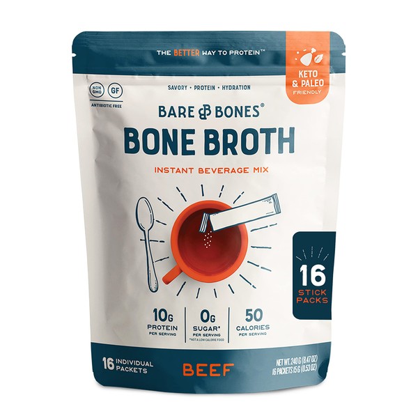 Bare Bones Bone Broth Instant Powdered Mix, Beef, Pack of 16, 15g Sticks, 10g Protein, 100% Grass Fed, Keto & Paleo Friendly Bone Broth Packets