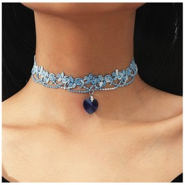 Inateannal Boho Lace Choker Necklace Short Sapphire Heart Pendant Necklace Blue Heart Crystal Necklace Vintage Lace Flower Necklace Jewelry for Women and Girls
