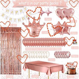 Rose gold Birthday Decorations - Rose gold Party Decorations Set with Birthday Banner, Rose gold Confetti Balloons, Rose gold Foil Fringe Curtains, Rose gold Tablecloth for Girls Women Men Kids Baby